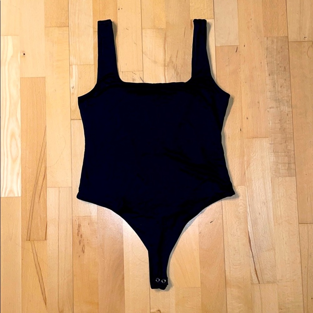 Square neck black thong bodysuit